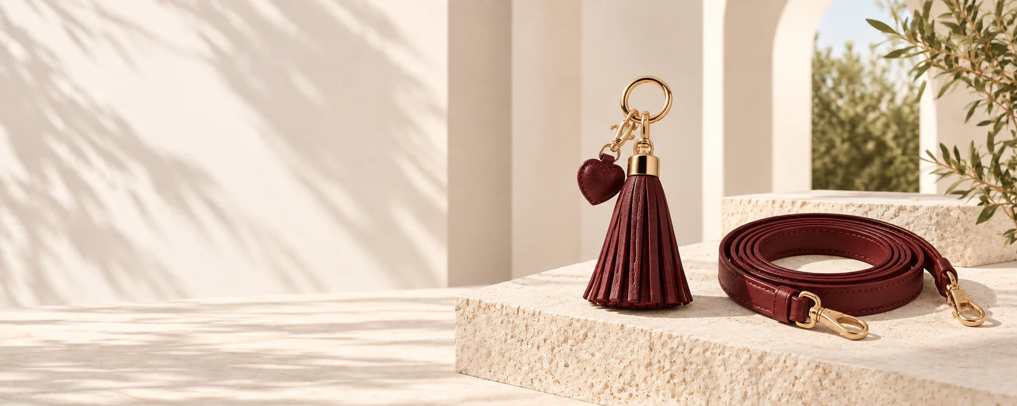 Chaveiro e alça de bolsa vinho com ferragens douradas — Aurora Ateliê