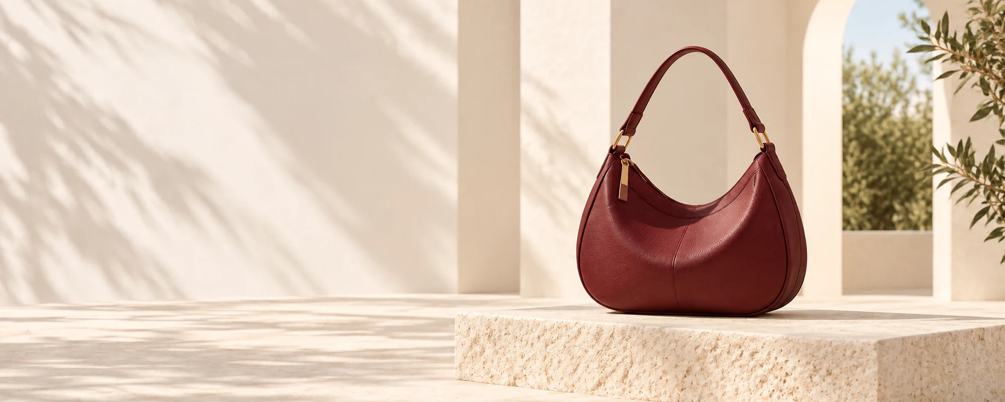 Bolsa de ombro vinho em cenário claro — Aurora Ateliê