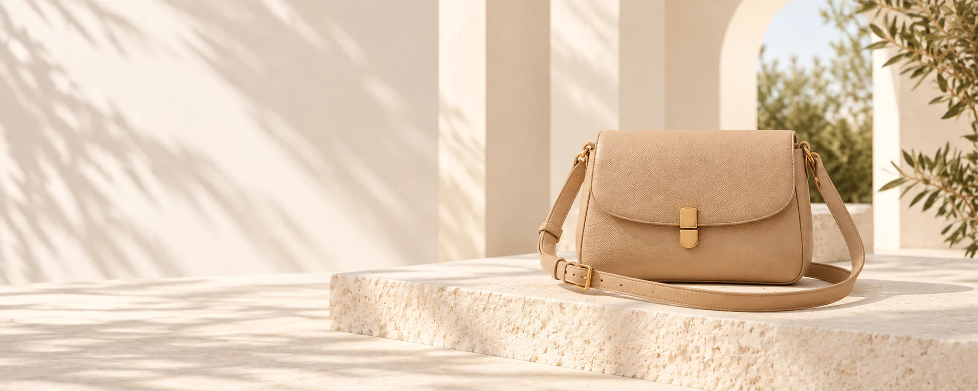 Bolsa transversal bege em cenário claro — Aurora Ateliê