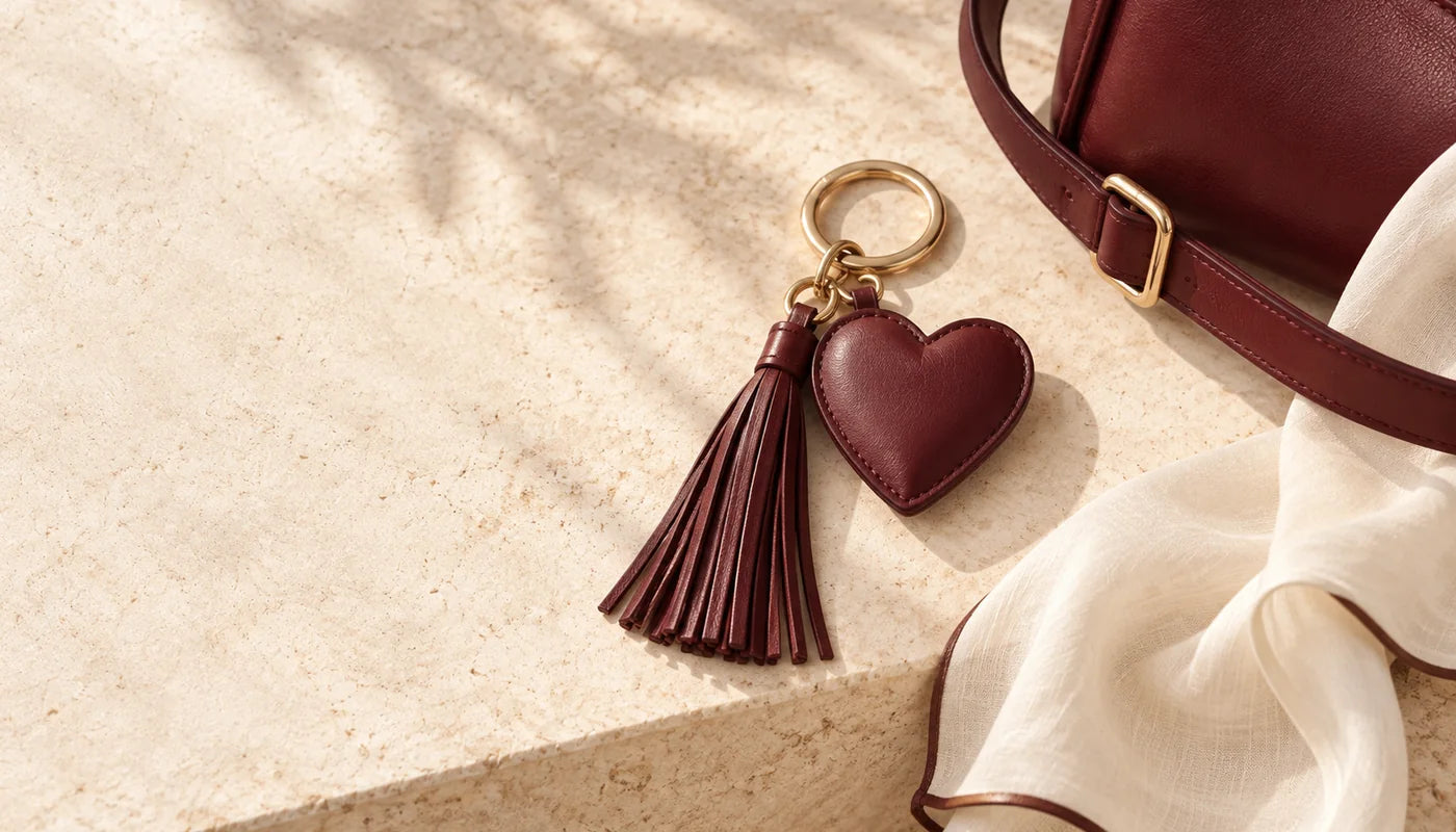 Chaveiro de coração e tassel vinho com ferragens douradas — Aurora Ateliê